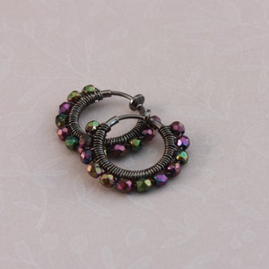 Clip hoop earrings Gunmetal wirewrapped Vintaj Arte Metal wire Purple Iris by EarthsOpulence image 1