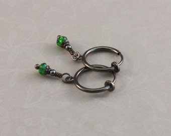 Clip hoop earrings, fixed dangles, tiny Emerald green crystals and Hematite, clip on earrings by EarthsOpulence