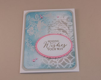 Handmade card Sending Wishes your way blue gray and pink card by EarthsOpulence