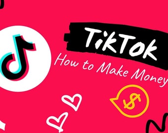Puede incluir: Un fondo rosa con un círculo blanco que contiene el logotipo de TikTok. El texto "TikTok Cómo ganar dinero" está en blanco y negro con un trazo de pincel negro detrás. Hay signos de dólar y corazones en la imagen.