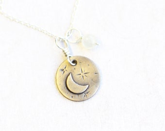 bronze and moonstone pendants on sterling silver chain set, hand crafted necklace, luna