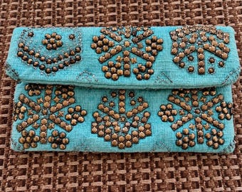 Moyna Turquoise Beaded Foldover Clutch Gold Metallic Evening Bag