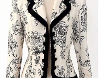 Zelda Vintage Black & White Floral Lined Blazer Sz 6 Tailored Statement Jacket