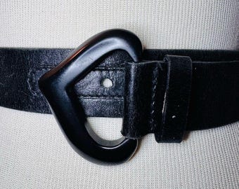 Vintage [Rena Lange] Black Leather Heart Buckle Belt Sz:36