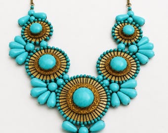 Vivid Designs Turquoise Glass Beaded Bib Statement Necklace Gold