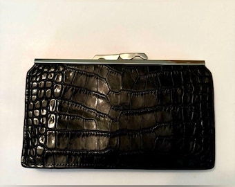 Abas Embossed Black Leather Clutch Wallet w/ Silver Hardware