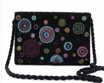 magieS Hand Beaded Black Small Crossbody Bag Multicolor Spiral Design