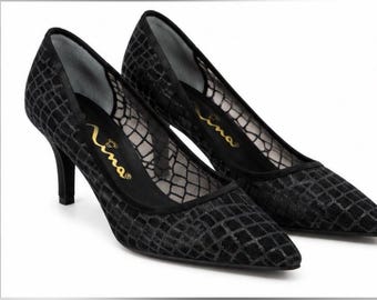 Nina Black Satin & Sparkle Mesh Closed Toe Evening Heels | Size 8M