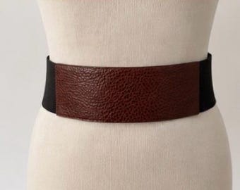 Marni Wide Black Elastic Waist Belt Brown Pebbled Leather Panel Italy S/M