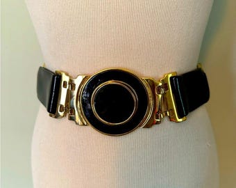 Sandy G Duftler Black and Gold Patent Leather Stretch Chain Belt Sz: XS