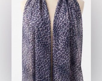Carlisle 100% Silk Blue Purple Gray Leopard Print Scarf 58" X 20"