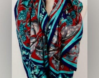 Vintage [Perry Ellis] Silk Scarf Birds & Botanical Print Large Square Wrap