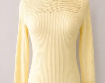 Per Se by Carlisle Pale Yellow Ribbed Knit Sweater Open Knit Yoke Top XS