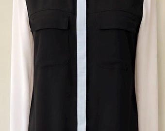 Sanctuary Black Blue Colorblock Café Blouse Hidden Button Shirt XS