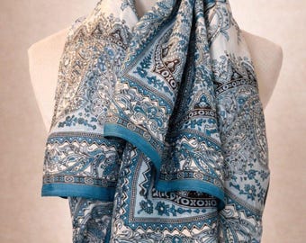 Blue Paisley Print Scarf Teal White Lightweight Wrap Scarf