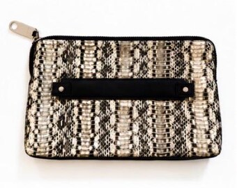 Milly Mercer Watersnake Leather Large Clutch Tan & Black Exotic Designer Bag