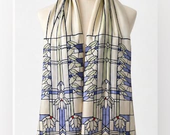 Bufanda de seda con estampado de vidrieras de Frank Lloyd Wright y Lirios de agua del MoMA, 48x11