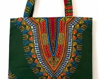 NWT African Dashiki Print Cotton Shopper Tote Bag | Dark Green | Large Bag