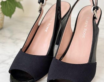 Taryn Rose Fortula Black Patent Leather Peep Toe Slingback Heels Size 8.5M
