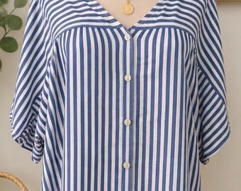 Camicetta Madewell a maniche corte a righe blu e bianche con bottoni sul davanti, taglia XL