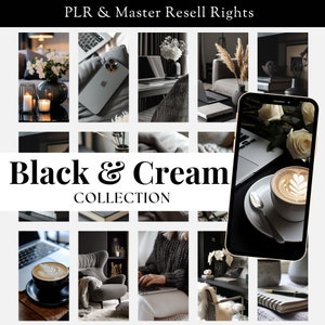 Op de afbeelding: Een collage van afbeeldingen met een zwart en crème kleurenschema. De afbeeldingen omvatten een laptop, een kopje koffie, een telefoon, een stoel en bloemen. De tekst "Black & Cream Collection" wordt in het midden van de collage weergegeven.