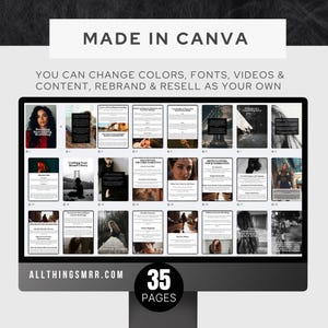 May include: A computer screen displaying a digital marketing guide with 35 pages. The guide is titled "Branding Storytelling Workshop" and includes topics such as "Crafting Your Brand's Story", "Articulating Your Narrative", and "Influence Marketing". The text "MADE IN CANVA" and "ALLTHINGSMRR.COM" is also visible on the screen.