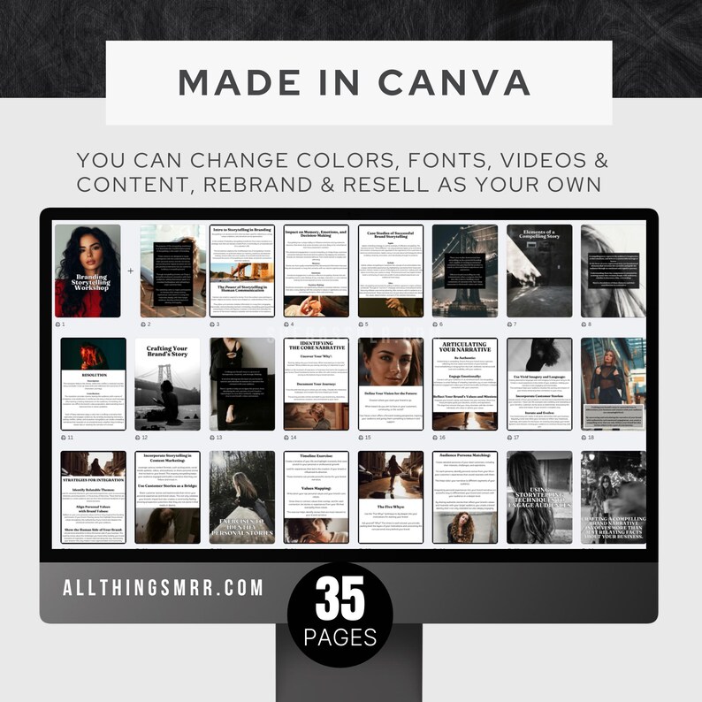 May include: A computer screen displaying a digital marketing guide with 35 pages. The guide is titled "Branding Storytelling Workshop" and includes topics such as "Crafting Your Brand's Story", "Articulating Your Narrative", and "Influence Marketing". The text "MADE IN CANVA" and "ALLTHINGSMRR.COM" is also visible on the screen.