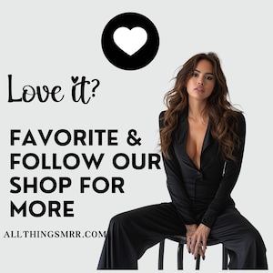 May include: A woman wearing a black jumpsuit sits on a stool. The text "Love it? FAVORITE & FOLLOW OUR SHOP FOR MORE ALLTHINGSMRR.COM" is displayed on the image. A black circle with a white heart is in the top left corner.