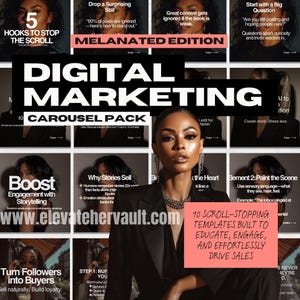 May include: Digital marketing carousel pack with a woman in a black blazer. The image includes text: "5 Hooks to Stop the Scroll", "Digital Marketing Carousel Pack", and "10 Scroll-Stopping Templates Built to Educate, Engage, and Effortlessly Drive Sales."