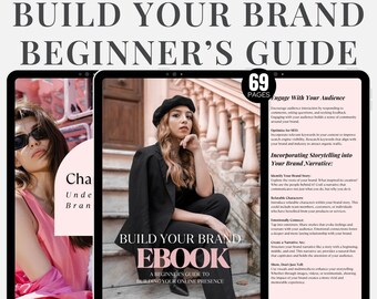 May include: A pink and white ebook cover with the title "Build Your Brand Ebook: A Beginner's Guide to Building Your Online Presence". The cover features a woman sitting on steps with a city background. The ebook is 69 pages long.