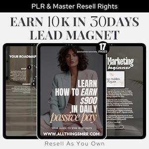 以下が含まれることがあります： 表紙に女性が写っているデジタルマーケティングリードマグネット。リードマグネットのタイトルは「毎日受動収入で900ユーロ稼ぐ方法を学ぶ」で、30日で10,000ユーロ稼ぐためのガイドです。リードマグネットは17ページで、設定、プロモーション、受動収入の獲得のためのロードマップが含まれています。