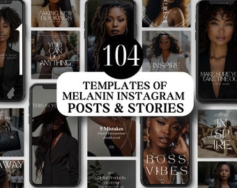 Peut inclure: Un collage de 104 modèles de publication et d'histoire Instagram avec un schéma de couleurs noir et blanc avec le texte "MODÈLES DE PUBLICATIONS ET D'HISTOIRES INSTAGRAM MELANIN" au centre. Les modèles présentent des images de femmes noires et du texte tel que "YOU CAN DO ANYTHING", "INSPIRE", "BOSS VIBES" et "MAKE SURE YOU TAKE TIME OUT".