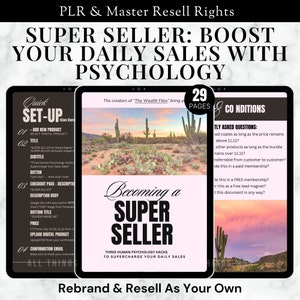 Könnte beinhalten: Ein digitales Produktcover mit rosa und weißem Hintergrund, auf dem der Text "Werde ein Superseller" und "Drei psychologische Hacks für Menschen, um deinen täglichen Umsatz zu steigern" steht. Das Cover zeigt außerdem eine Wüstenlandschaft mit Kakteen.