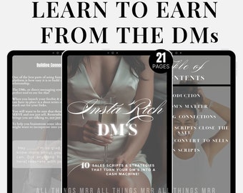 Pode incluir: Uma capa de produto digital com fundo cinza e o texto "Learn to Earn from the DMs" em letras brancas grandes. A capa apresenta uma mulher segurando uma taça de champanhe e o texto "Insta Rich DM's" em uma fonte cursiva. A capa também inclui o texto "10 Sales Scripts & Strategies That Turn Your DM's Into a Cash Machine!" e "21 Pages Table of Contents".