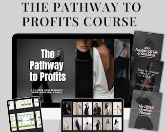 May include: A computer screen displaying a course titled "The Pathway to Profits" with a 2.5 hour audio/video mini course. The screen is surrounded by other digital products, including a digital planner, a guide on how to bounce back from failure, and a guide on creating faceless TikTok and reel ideas.
