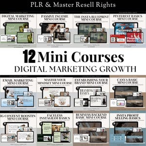 Puede incluir: Un collage de 12 minicursos de marketing digital con títulos como "Curso de marketing digital", "Curso de ingresos pasivos", "El plan de Insta", "Lo básico de Pinterest", "Curso de marketing por correo electrónico", "Domina tu mentalidad", "Establece tu marca", "Lo básico de Canva", "Impulsa el contenido de IG", "Lo básico de Instagram sin rostro", "Lo básico del back-end empresarial" y "Lo básico de la venta de ganancias de Insta".