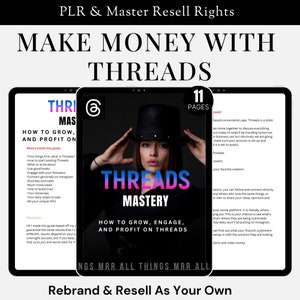 Könnte beinhalten: Ein digitales Produktcover mit einer Frau, die einen schwarzen Hut und ein rotes Hemd trägt. Das Cover ist für einen Leitfaden, wie man auf Threads, einer Social-Media-Plattform, wächst, sich engagiert und profitiert. Der Text "Threads Mastery" befindet sich in einem weißen Kasten mit rotem Rand. Der Text "How to Grow, Engage, and Profit on Threads" befindet sich in einem weißen Kasten mit schwarzem Rand. Der Text "11 Pages" befindet sich in einem weißen Kasten mit schwarzem Rand. Der Text "Rebrand & Resell As Your Own" befindet sich in einem weißen Kasten mit schwarzem Rand.