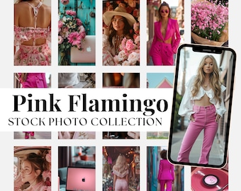 May include: A collage of stock photos featuring pink clothing, flowers, and a woman in a pink outfit. The text "Pink Flamingo Stock Photo Collection" is displayed at the bottom of the collage.