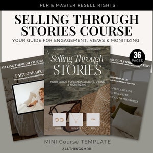Könnte beinhalten: Eine digitale Kursvorlage für den Verkauf über Instagram-Storys. Die Vorlage umfasst 36 Seiten mit Inhalten und trägt den Titel "Selling Through Stories: Your Guide for Engagement, Views & Monitizing".