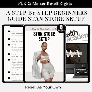 Puede incluir: Una guía de producto digital con una guía de 8 páginas sobre cómo configurar una tienda Stan. La guía presenta a una mujer con un top blanco corto y pantalones cortos blancos. La guía se titula "A Step by Step Beginners Guide Stan Store Setup".