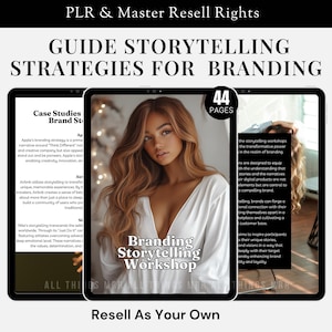 May include: A digital product cover with a woman's face in the foreground. The cover is for a branding storytelling workshop with 44 pages. The text "Resell As Your Own" is at the bottom of the cover.