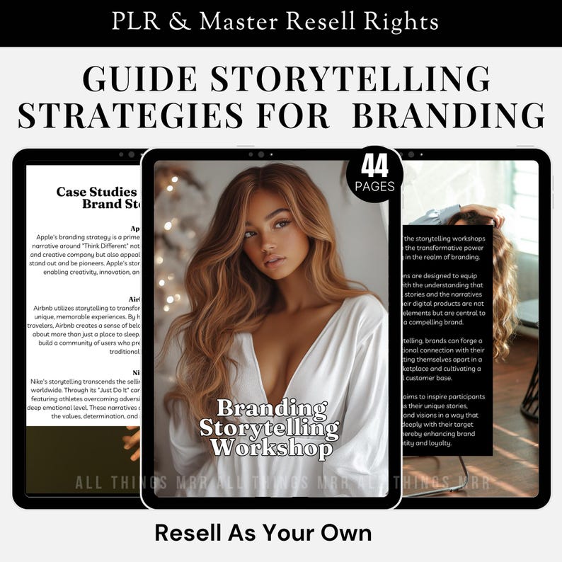 May include: A digital product cover with a woman's face in the foreground. The cover is for a branding storytelling workshop with 44 pages. The text "Resell As Your Own" is at the bottom of the cover.