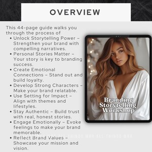 May include: A digital tablet displaying a workshop guide on branding storytelling. The guide is 44 pages long and covers topics like unlocking storytelling power, creating emotional connections, and reflecting brand values. The tablet is on a black background.