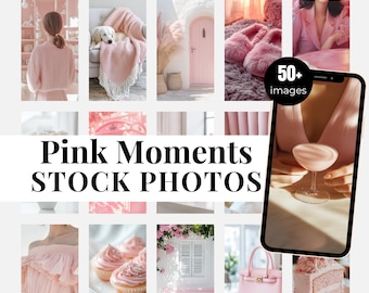 May include: A collage of pink themed stock photos featuring a variety of images including a woman in a pink sweater, a pink handbag, cupcakes, and a pink door. The text "Pink Moments STOCK PHOTOS" is displayed in the centre of the collage. The text "50+ images" is displayed in the top right corner of the collage.
