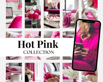 May include: A collage of images featuring various pink-themed home decor items, including a pink armchair, a vase of pink flowers, a pink throw blanket, a pink phone case, a pink sweater, a pink mug, a pink laptop, and a pink vase. The text "Hot Pink Collection" is displayed in the centre of the collage.