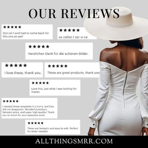 May include: A collection of customer reviews for digital products, featuring five-star ratings and positive comments. The reviews highlight the quality, ease of use, and value of the products. The image also includes a woman wearing a white off-the-shoulder dress and a white hat.