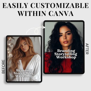 May include: Before and after images showing how to customize a branding and storytelling workshop graphic in Canva. The before image shows a woman in a white shirt with the text "Branding Storytelling Workshop" on a white background. The after image shows the same woman in a red sweater with the same text on a gray background.