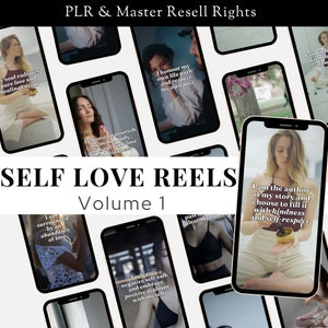 May include: A collage of phone screens with text about self-love and self-care. The text includes phrases like "I choose to nourish my mind, body, and soul with love and kindness" and "I am the author of my story and choose to fill it with kindness and self-respect". The title of the collage is "SELF LOVE REELS Volume 1".