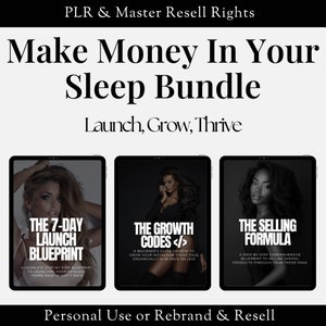 May include: Three digital product covers for a sleep bundle. The covers feature a woman on each, with the titles "The 7-Day Launch Blueprint", "The Growth Codes</>", and "The Selling Formula".