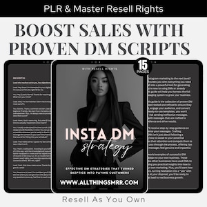 Puede incluir: Una guía de marketing digital titulada "INSTA DM strategy" con el texto "Boost Sales with Proven DM Scripts". La portada presenta a una mujer con una blazer. La guía promete estrategias de DM efectivas para convertir a los escépticos en clientes de pago.